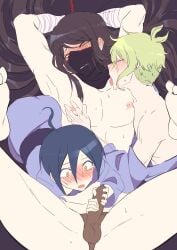 3boys black_hair blue_hair blush danganronpa danganronpa_v3 erection erection_under_clothes gay green_hair group group_sex hand_on_penis handjob hands_behind_head holding_penis licking licking_neck looking_pleasured male male_only mask mmm_threesome multiple_boys nipple_play nipple_tweak nipples pale_skin rantaro_amami saihara_shuuichi shinguji_korekiyo spread_legs straight_hair sweat thong threesome touching_penis yaoi yellow_eyes yu11ma11