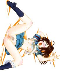 blush bra_lift brown_hair closed_eyes genderswap_(mtf) kyon kyonko large_breasts panties_around_leg ponytail rule_63 school_uniform sentape shirt_lift socks spread_legs suzumiya_haruhi_no_yuuutsu