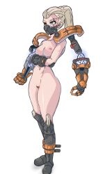 birdsart_(artist) crossed_arms female_focus female_only fortnite handcuffs headband heterochromia naked nora_(fortnite) ponytail posing robotic_arms southpaw_(fortnite) standing stockings tagme white_hair