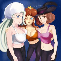 3girls atlus black_pants blue_eyes brown_eyes brown_hair cleavage company_connection crossover crown earrings flower_earrings ginger_hair haru_okumura hat long_hair looking_at_viewer mario_(series) melony_(pokemon) midriff nintendo one_eye_closed orange_tank_top pants persona persona_5 pink_tank_top pokemon pokemon_ss princess_daisy short_hair shoulder_length_hair splooshiemon tank_top trio white_hair white_tank_top wink