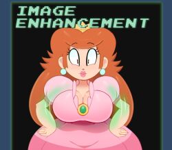 1girls big_breasts big_lips breasts brooch cleavage clothed clothing dic_entertainment dress earrings eyebrows_visible_through_hair female female_only hands_on_hips human human_only light-skinned_female light_skin lips lipstick long_hair mario_(series) nintendo pac-man_eyes pink_dress pink_lipstick pixelated_text princess_peach princess_toadstool puffy_short_sleeves red_hair solo somescrub surprised tagme text the_super_mario_bros._super_show! thick thick_hips wide_hips wide_shoulders
