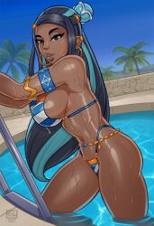 1girls alternate_breast_size bikini black_hair blue_eyes blue_hair dark-skinned_female fit_female getting_out_of_pool large_breasts long_hair looking_at_viewer monolithic-sloth multicolored_hair nessa_(pokemon) nintendo pokemon pokemon_ss pool thong wet