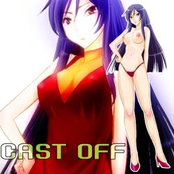 english_text female genderswap_(mtf) gundam gundam_00 heels large_breasts long_hair panties purple_hair red_dress red_panties rule_63 sentape serious solo tieria_erde