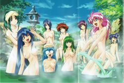 6+girls absurdres bath bathing blue_hair breasts completely_nude completely_nude_female day different_breast_sizes female female_only flat_chest glasses glasses_only green_hair hair_over_one_eye happy hibachi highres kentou_kanami large_breasts lia_parapara_leazas long_hair looking_at_another maria_custard maris_amaryllis masou_shizuka medium_breasts multiple_girls nipples nude nude_female onsen opaque_glasses open_mouth outdoor_nudity outdoors pink_hair rance_(series) scan sill_plain small_breasts smile splashing steam water wet_hair yamashita_toshinari