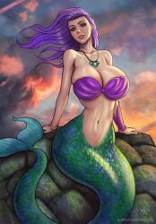 1girls blue_eyes bracelet cleavage derushy female female_only green_tail huge_breasts jpeg long_hair looking_at_viewer mermaid necklace original original_character purple_hair seashell_bra solo sunset