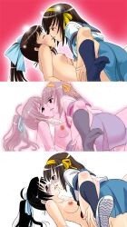 2girls black_hair blush bra_lift brown_eyes closed_eyes erect_nipples female female_only genderswap_(mtf) headband kissing kyon kyonko large_breasts multiple_girls open_mouth ponytail redraw rule_63 school_uniform sentape shoes skirt socks suzumiya_haruhi suzumiya_haruhi_no_yuuutsu yuri