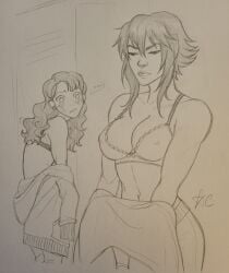 2girls bra chikknwings female_only jealous locker_room original_character tagme traditional_media_(artwork) undressing