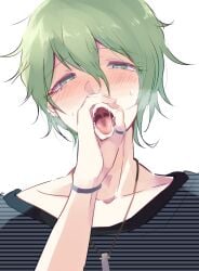 1boy blush bracelet danganronpa danganronpa_v3 gesture green_eyes green_hair jewelry light_skin looking_at_viewer male male_only necklace open_mouth rantaro_amami ring saliva saliva_string short_hair smooth_skin solo suggestive suggestive_gesture sweat tongue yu11ma11