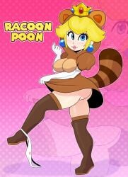 ass big_breasts bottomless bottomless_skirt butt_crack mario_(series) nintendo no_bra no_panties panties panties_around_leg panties_down panties_removed princess_peach print_panties raccoon somescrub super_mario_3d_world tanooki tanooki_peach tanooki_suit upskirt white_panties