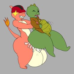 absurd_res anthro balls belly belly_lentel bellyboi13 big_balls big_belly bulge charles_charmeleon_(oc) charlescharmele charmeleon cum_through duo genitals hands_on_belly hi_res huge_balls huge_thighs hyper inflation kobold lizard male male/male nintendo one_eye_closed pokémon_(species) pokemon reptile scalie smile thick_thighs tongue tongue_out video_games