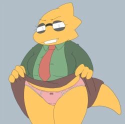 1girls 2d alphys angry aruput aruput_ut big_breasts blush chubby embarrassed female female_only flashing glasses humanoid lizard_girl lizard_humanoid necktie panties skirt skirt_lift solo tagme thick_thighs tie undertale undertale_(series) uniform upskirt