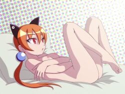 4:3_aspect_ratio alisa_southerncross animal_ears ass bare_ass barefoot breasts completely_nude feet female female itou_nobuhiro keroro_gunsou legs_up long_hair lying nekomimi nipples nude on_back orange_hair pillow red_eyes small_breasts soles solo tied_hair toes twintails