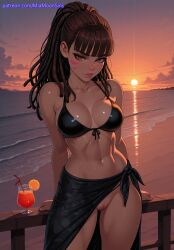 1girls 2025 against_railing ai_generated alternate_hairstyle bangs beach bikini bikini_top_only black_bikini blizzard_entertainment blunt_bangs bottomless breasts breasts_apart brown_eyes brown_hair cleavage cloud collarbone commando cowboy_shot crossover cup d.va drink drinking_glass drinking_straw eye_contact facial_mark female female_focus female_only food front-tie_bikini_top front-tie_top fruit hi_res highres horizon leaning_back long_hair looking_at_viewer medium_breasts miamoonsins midriff navel no_panties ocean orange_(fruit) orange_slice outdoors overwatch overwatch_2 patreon patreon_username ponytail pussy sarong shiny_skin sky solo spread_pussy standing sunset swimsuit table toned uncensored very_long_hair water web_address whisker_markings