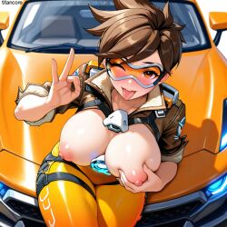 (titancore) 1girls adult ai_generated big_breasts blowjob_gesture blush bomber_jacket breasts breasts_out brown_eyes brown_hair car curvy_figure female gesture gloves goggles goggles_on_head holding_breast jacket lena_oxton nipples open_jacket overwatch puffy_nipples revealing_clothes sitting_down_on_a_car spiky_hair teasing_viewer thigh_clothes tounge_out tracer video_game_character winking_at_viewer