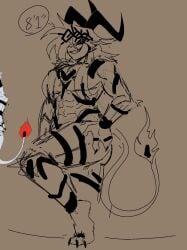 1boy 2025 abs anthro anthro_only asriel_dreemurr asriel_dreemurr_(god_form) big_horns black_eyes black_markings body_markings covering_crotch crown_of_thorns digital_media_(artwork) fire fire_tail goat goat_horns god_of_hyperdeath heart_symbol heart_tattoo height horns katztonight male male_focus male_only markings markings_on_body muscular muscular_anthro muscular_male nude pose posing posing_for_the_viewer solo tail text thick_thighs toby_fox undertale undertale_(series)