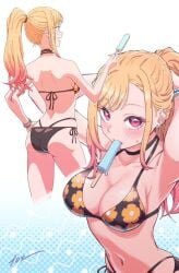 bare_back bare_shoulders big_breasts bikini bikini_top blonde_hair bracelet breasts collar earrings female gyaru kitagawa_marin pattern_bikini pattern_topwear ponytail sono_bisque_doll_wa_koi_wo_suru