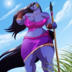 1girls 2d 2d_(artwork) 2d_artwork amazonian anthro anthro_only bare_shoulders big_breasts big_thighs black_hair black_hair_female blue_eyes blue_eyes_female breasts curvy curvy_body curvy_female curvy_figure day daytime digital_drawing_(artwork) digital_media_(artwork) female flowers flowers_on_head furry furry_female furry_only hi_res hips holding_weapon horse horse_ears horse_girl horse_tail hourglass_figure hourglass_figured_female long_hair long_hair_female mature mature_female muscular muscular_anthro muscular_female navel non-human not_porn purple_body purple_fur reeta_(robthehoopedchipmunk) robthehoopedchipmunk smile smiley_face solo solo_female solo_focus spear sun sunlight tail weapon