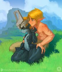 1boy 1girls 2d big_ass big_butt big_thighs blonde_hair blue_eyes bottom_heavy breasts curvaceous curvaceous_female curvy curvy_female female femboy hand_on_hip hi_res highres huge_thighs imp_midna light-skinned_male light_skin link male midna mr_fuga muscular muscular_male nintendo nipple_play nipple_rub outdoors pointy_ears shortstack small_breasts tagme the_legend_of_zelda thick_hips thick_legs thick_thighs thigh_grab thighs twilight_princess voluptuous voluptuous_female wide_hips