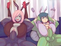 2boys 2girls balls big_penis blue_eyes blue_hair blue_skin breasts bunny_ears bunnysuit constanze_amalie_von_braunschbank-albrechtsberger couch couch_sex double_full_nelson eco19 full_nelson full_nelson_(legs_held) full_nelson_vaginal green_skin grey_skin high_heels light_skin little_witch_academia long_hair pale_skin pantyhose penetration pink_eyes pink_hair red_ribbon reverse_bunnysuit ribbon_choker sex short_hair simple_background small_breasts straight straight_sex sucy_manbavaran uncensored vaginal_penetration