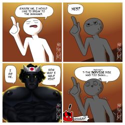 black_hair black_sclera black_skin complaining humor kyokudoni loincloth looking_at_viewer looking_down male manager muscular muscular_male oni oni_horns restaurant size_difference tall white_horn yellow_eyes