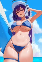 1girl beach blue_archive blue_bikini_top blue_eyes blue_hair blue_sky cleavage cloudy_sky holding horizon large_breasts long_hair looking_at_viewer mcbox navel ocean open_mouth outdoors solo stomach surfboard thick_thighs thigh_strap two_side_up underboob wet yuuka_(blue_archive)