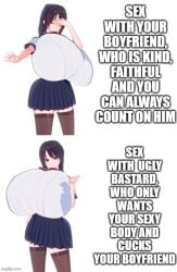 ass ayano_aishi breasts breasts_bigger_than_head cheating cheating_(relationship) cheating_girlfriend closed_eyes cuckold different_poses disgusted drake_meme facepalm female gigantic_ass gigantic_breasts gigantic_butt gigantic_thighs huge_ass huge_breasts huge_butt huge_thighs koikatsu looking_at_viewer meme meme_pose meme_reference netorare ntr open_eyes school_uniform smile smile_at_viewer smiling thick_thighs thighs ugly_bastard unfaithful yandere_simulator