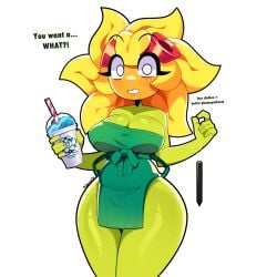 2d 2d_(artwork) anthro apron apron_only bare_arms bare_legs big_breasts blonde_hair blush breasts female female_anthro female_only flora_fauna freckles googles green_apron green_skin holding_object hourglass_figure humanoid orange_face petals plant plant_girl plants_vs_zombies plants_vs_zombies:_heroes popcap_games sheerly shocked solar_flare_(pvz) spiral_eyes sunflower_(pvz) yellow_hair
