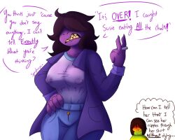 2018 anthro big_breasts blush breasts brown_hair chalk clothed clothing clueless deltarune dialogue english_text female hair_over_eyes hornynym huge_breasts human kris_(deltarune) male nipple_bulge nipple_outline nipples nipples_visible_through_clothing purple_body purple_skin scalie sharp_claws sharp_teeth shirt speech_bubble susie_(deltarune) text thought_bubble tight_clothing tight_shirt undertale_(series) white_shirt wide_hips