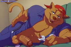 2025 anthro ass backwards_baseball_cap backwards_hat balls baseball_cap belt big_balls big_butt big_penis black_eyes blue_jumpsuit brown_balls brown_body brown_fur brown_nose brown_penis chance_furlong chicobo clothed clothing cute_fangs domestic_cat erection fangs felid feline felis fur furniture genitals glans hand_on_hip hanna-barbera hat headgear headwear holding_object humanoid_genitalia humanoid_penis looking_at_viewer lying male mammal no_underwear on_side on_sofa open_belt open_jumpsuit penis red_clothing red_glans red_hat red_headwear smile sofa solo swat_kats teeth thick_thighs tools vein veiny_penis wrench