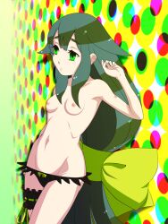 bikini bikini_bottom black_bikini black_bikini_bottom breasts female female_only garter gatchaman gatchaman_crowds green_eyes green_hair itou_nobuhiro leg_garter long_hair miya_utsutsu nipples small_breasts solo swimsuit very_long_hair