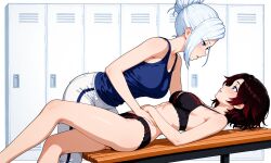2girls ai_generated female red_hair ruby_rose rwby sakermazov white_hair winter_schnee yuri