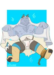 anthro armpit_hair body_hair briefs bulge canid canine canis chest_tuft clothing colored_fur ear_piercing eyebrow_slit eyebrows fur fur_markings ghost_costume hi_res male mammal markings navel neck_tuft nipple_piercing nipples nuttfrostbite open_mouth pawpads piercing pubes shackled_ankles simple_background smile solo teeth_showing tighty_whities translucent translucent_clothing translucent_underwear tuft underwear white_briefs white_cloth white_clothing white_underwear wolf