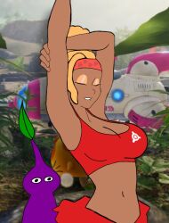 1girls alien alien_girl alien_humanoid artist_request big_boobs big_breasts blonde_hair breasts chuckyagaming closed_eyes dark-skinned_female dark_skin erma_shepherd female leaf lip_biting nintendo oatchi pikmin pikmin_(species) pikmin_4 purple_pikmin source_request stretching tagme