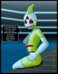 2018 3_eyes alien alien_girl anthro dated dialogue dialogue_box female hylotl multicolored_body naked pool scalie starbound tagme talking talking_to_another tydrian white_body yellow_body