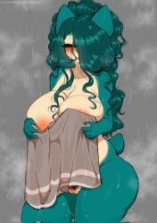 anthro artist_name big_breasts blush breasts eyes_closed female genitals hair hair_over_eye hi_res lefantis mature_female nintendo nude one_eye_obstructed pokémon_(species) pokemon pubes pussy snorlax solo thick_thighs towel