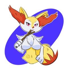 big_breasts braixen devameeks earring fur pokémon_(species) pokemon pokemon_(species) red_eyes saliva stick tongue white_fur yellow_fur