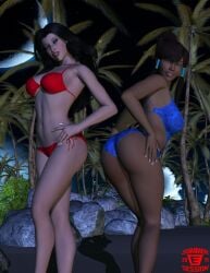 2girls 3d asami_sato ass avatar_legends bikini blue_bikini canon_couple dark-skinned_female dark_skin ernest_scott fair-skinned_female fair_skin female female_only imfamouse korra lesbian lipstick looking_at_viewer medium_breasts nickelodeon one-piece_swimsuit only_female realistic red_bikini smiling smiling_at_viewer smooth_skin swimsuit the_avatar the_legend_of_korra water_tribe yuri