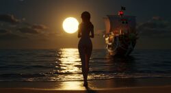 1girls ai_generated ass back_view beach dark_sky female female_only naked naked_female nami_(one_piece) night night_sky nude nude_female one_piece orange_hair solo thousand_sunny vlad_jojo