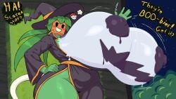 1girls areolae around_drum big_areola big_breasts black_nipples blaster_master blaster_master_zero_2 boobs bouncing_breasts breasts dialogue exposed_breasts female female_focus female_only funny gravity_defying_breasts green_body green_nipples green_skin halloween halloween_costume halloween_theme hand_on_hip hyper_breasts kanna_(blaster_master) large_areolae large_breasts leaf leaf_on_head monster_girl nipples non-human painted_breasts piranha_plant plant plant_girl plant_humanoid pun smile solo solo_female solo_focus tail thick_thighs waving witch_costume witch_hat