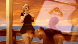 1boy 1boy1girl 1girls 3d beach beach_background blonde_female blonde_hair clothed clothing dark-skinned_male dark_skin female interracial light-skinned_female light_skin looking_at_another male ocean outdoors proposal qos queen_of_spades ring ring_(jewelry) sarah_bryant shocked shocked_expression taikakettu thick_thighs twitter_link virtua_fighter wide_hips
