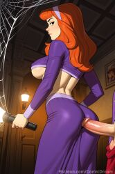 1boy 1girls ai_generated anal_through_clothes anal_through_skirt artist_name ass ass_cleavage back_view balls before_sex between_ass big_breasts bothered breasts cartoon_network cock cock_between_ass comicdream concerned crop_top daphne_blake dick female flashlight headband hi_res high_resolution light-skinned_female light_skin lighting looking_back male male/female mansion orange_hair patreon patreon_username penis penis_between_ass pressing_against purple_headband purple_outfit pushing_in scooby-doo spider_web through_clothes underboob