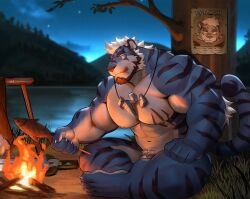 2025 abs anthro arm_tuft bara barazoku bare_ass barefoot beard biceps black_facial_hair black_stripes blue_body blue_eyes blue_fur bonfire bottomless chest_scar claws cock crossed_legs deltoids dirt drying_clothing elbow_tuft episode0006 facial_hair feet felid finger_claws fish_meat flaccid food forest fur genitals grass hair hi_res hill holding_object holding_stick horizon hungry jewelry lake leaf licking licking_lips male male_only mammal meat melee_weapon muscle muscles muscular muscular_anthro muscular_male navel necklace necklace_only night nude outside pantherine paws penis penis_base plant rigel_(skydtiger) scar sitting sitting_on_ground skewer skewered_food sky solo stick stripes sword tail tiger toe_claws tongue tongue_out tree tuft wanted_poster weapon white_body white_fur white_hair