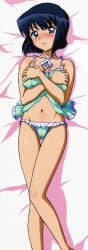1girls babydoll bed big_breasts blue_eyes blue_hair breast_hold breasts breasts_squeezed_together busty cleavage come_hither crossed_arms dakimakura_(medium) female female_only fujii_masahiro half-closed_eyes highres large_breasts legs looking_at_viewer lying navel official_art panties parted_lips partially_visible_vulva pose posing pussy seductive seductive_look sensual sexy short_hair siesta solo teeth thighs underwear voluptuous zero_no_tsukaima
