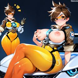 (titancore) 1girls adult ai_generated big_breasts blush bomber_jacket breasts breasts_out brown_eyes brown_hair car curvy_figure female gloves goggles goggles_on_head jacket lena_oxton nipples open_jacket overwatch puffy_nipples revealing_clothes spiky_hair teasing_viewer thigh_clothes tounge_out tracer video_game_character