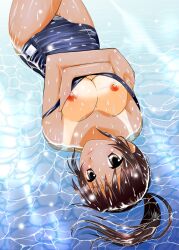 brown_hair erect_nipples female genderswap_(mtf) kyon kyonko large_breasts ponytail rule_63 school_swimsuit sentape solo suzumiya_haruhi_no_yuuutsu swimsuit_down tan_skin tanlines water wet