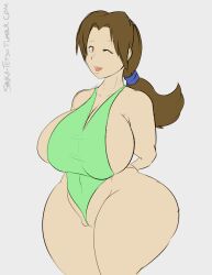 1girls alternate_breast_size arms_behind_back cleavage color colored delia_ketchum_(pokemon) edit female game_freak grey_background huge_breasts long_hair looking_at_viewer mature_female milf nintendo pokemon pokemon_rgby ponytail sanka-tetsu smile swimsuit thick_thighs tight wide_hips wink