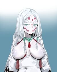 big_breasts breasts_out demon_girl demon_slayer facial_markings female female_only georugu13 gradient_background hair_ornament kimetsu_no_yaiba kimono long_hair looking_at_viewer mother_spider_demon necklace no_bra obi open_kimono silver_eyes silver_hair solo thick_eyebrows upper_body white_body white_hair white_skin