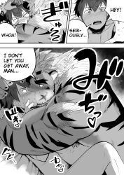 absurd_res anthro blush bodily_fluids breath comic cuddling duo english_text eye_contact felid fur hair heart hi_res holding_head holding_partner hombre_tigre_(tokyo_afterschool_summoners) human human_on_anthro interspecies japanese_text kissing larger_anthro larger_male lifewonders looking_at_another male male/male mammal musclegut muscular muscular_anthro muscular_male nude pantherine protagonist_(tokyo_afterschool_summoners) protagonist_4_(tokyo_afterschool_summoners) romantic romantic_couple saikorodekimeru size_difference smaller_human smaller_male striped_body striped_fur stripes sweat text tiger tokyo_afterschool_summoners twink_protagonist_(tokyo_afterschool_summoners) video_games