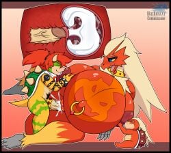 1boy 1girls 2025 absurd_res accessory anthro anthro_on_anthro avian baby belly big_belly big_breasts black_border blaziken blazkenzxy bodily_fluids border bowser_jr. breastfeeding breastfeeding_during_sex breasts cock_ring collar crossover cum cum_in_uterus cum_in_vagina cum_inside digital_drawing_(artwork) digital_media_(artwork) duo egg egg_in_uterus female furry furry_female furry_male furry_only gem generation_3_pokemon genital_fluids genitals hi_res horn huge_belly huge_breasts internal jewelry koopa lactating larger_female male male/female mario_(series) milk navel navel_piercing navel_ring nintendo nude open_mouth penetration penis penis_accessory penis_in_pussy penis_jewelry piercing pokemon pokemon_(species) pregnant pregnant_anthro pregnant_female pregnant_sex pussy raised_leg reptile ring_piercing scalie sex shell signature size_difference smaller_male straight straight_sex tattoo uterus vaginal_penetration vulva yellow_skin young