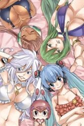 5girls android android_girl big_breasts bikini blue_eyes blue_hair bodysuit breasts brown_hair closed_eyes dark-skinned_female e.m._pino edens_zero embarrassed eyes_open female_only green_eyes green_hair hands_behind_head hermit_mio hiro_mashima hugging_pillow laying_down long_hair looking_back mashima_hiro mosco_versa-0 multiple_girls official_art pale-skinned_female ponytail short_hair sister_ivry small_breasts smiling swimsuit swimwear tagme two_tone_hair upper_body valkyrie_yuna white_hair witch_regret